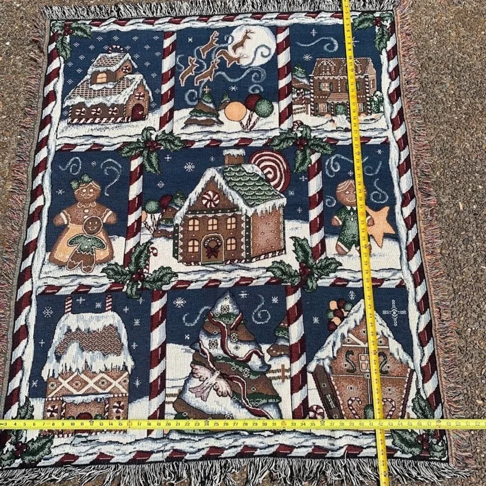 Vintage Christmas Gingerbread Village Peppermint Woven Throw Blanket Tapestry